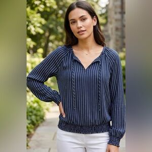 Hollister Striped Boho Peplum Top with Tie Neck and Smocked Hem